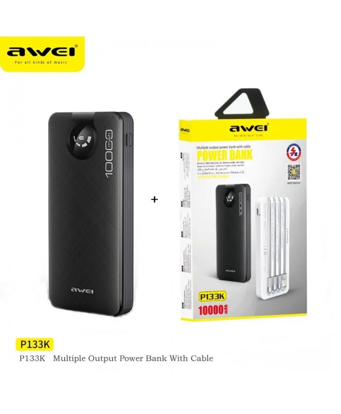Awei P133K 10000mAh Power Bank with Cable Type-C iP Micro Compatible with iP Android